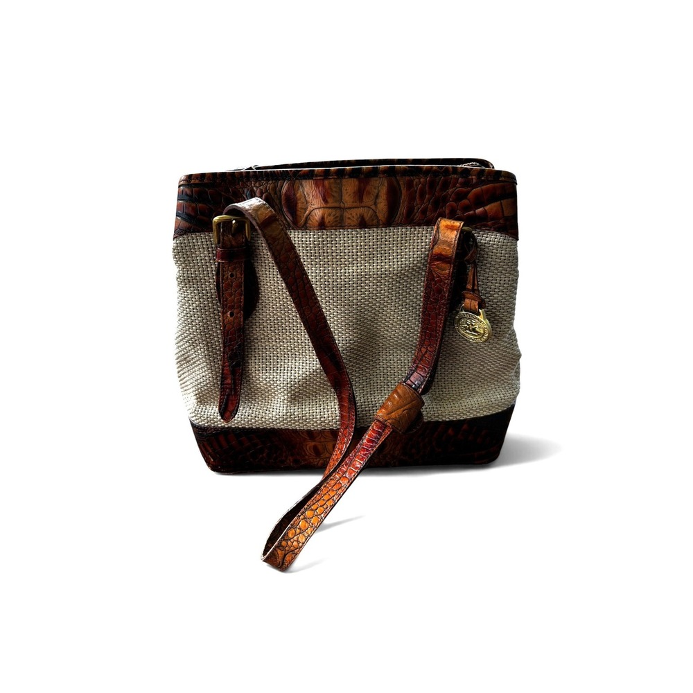 Vintage Y2K 90s Brahmin Harbor Tote Brown Leather Woven Crocodile Embossed Bag